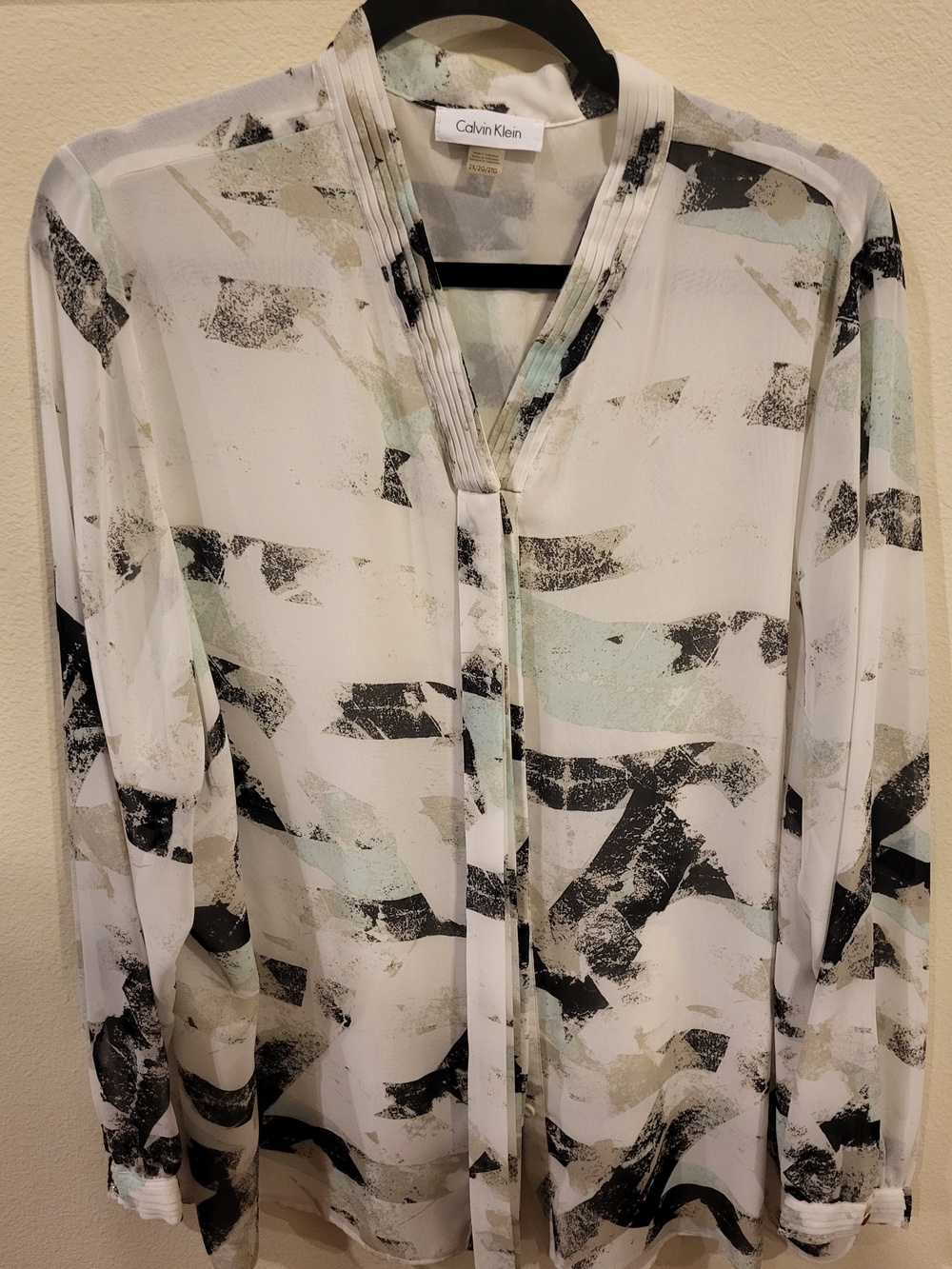 Calvin Klein Abstract Print Sheer Blouse - White, Black, Mint